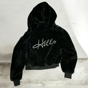 Kids 11/12 yrs Black Faux Fur Cropped Hoodie with "Hello" Script embroidered